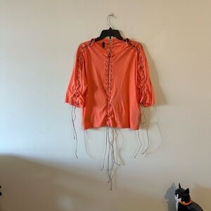 Ben Taverniti Unravel Project Cotton Lace Up Orange Tee Relaxed Fit S